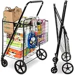Best Choice Products Foldable Heavy Duty Utility Grocery Shopping Cart with Rolling Swivel Wheels, Double Basket, Multi-Purpose Storage, 220lb Capacity