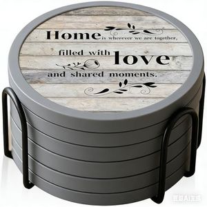 Absorbent Coasters for Drinks with Holder, Set of 6 Farmhouse Coasters, Silicone Coaster with Soft Felt Insert, Round, Housewarming Gifts