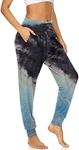 UEU Women's Cozy Yoga Joggers Pants Loose Workout Sweatpants Comfy Lounge Pants with Pockets, Tie-die, Black-blue, Large