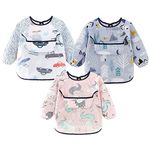 Discoball 3 Pcs Baby Bibs with Sleeves Unisex Baby Dribble Bibs - Waterproof Feeding Bibs Painting Apron Bibs Adjustable Closure with Large Pocket for Infant Toddler 6 Months to 3 Years Old