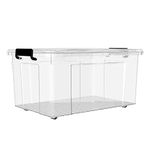 GLOBE1-105 Litre Large Plastic Storage Box Multipurpose Dustproof Stackable Storage Container with Lid & Wheels (Transparent) (L*W*H - 64cm*44cm*41cm) Use : Cloth Box, Saree Box, Toys etc