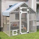 Ketive Cat Catio Outdoor Enclosure for Multiple Cats, Large Wooden Walk-in Cat House with Window Connection, 2 Condos, Platforms, Doors, and Weatherproof Roof Cover (69.5" L x 47" W x 71" H)