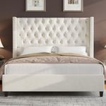 Jocisland Velvet Upholstered Queen Size Bed Frame with 51.6" Tall Wingback Headboard Deep Button Tufted, Cream Color - No Box Spring Required