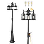 Dusk to Dawn Outdoor Lamp Post Light with GFCI Outlet, Triple Head Aluminum Street Light Post for Outside with Sensor, Waterproof Birdcage Pole Lighting Fixture for Backyard Garden Patio Driveway