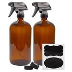 32-Ounce Amber Glass Spray Bottles w/Heavy Duty Mist & Stream Sprayers (2-Pack); Quart Size Brown Bottles w/ 3-Setting Adjustable Trigger Sprayers; Includes Caps for Storage & Chalk Labels