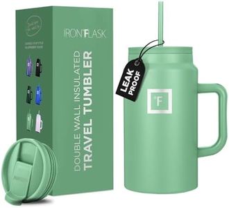 IRON FLASK Co-Pilot Insulated Mug w/Straw & Flip Cap Lids - Cup Holder Bottle for Hot, Cold Drink - Leak-Proof - Water, Coffee Portable Travel Mug - Sage, 50 Oz