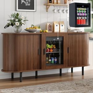 LUXOAK 70" Coffee Bar Cabinet with Beverage Fridge (Included), Buffet Cabinet with Storage, Bar Cabinet with Fridge for Dining Room & Living Room, Walnut