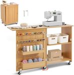VEVOR Folding Sewing Table, Multipurpose Sewing Machine Table with Compact Design, Wheels, Shelves, Storage Trays, Wooden Pegs, and Magnetic Doors, Sewing Desk Cabinet for Sewing Machine, Wood Color