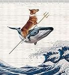 Funny Dog Shower Curtain Rides a Whale On Huge Waves Rustic Wooden Board Background Ocean Wave Fabric Shower Curtain Set with Hooks 180x180cm