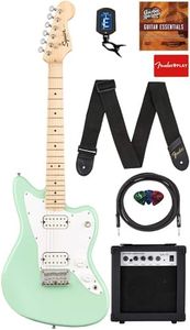 Fender Squier 3/4-Size Kids Mini Jazzmaster Electric Guitar - Surf Green Bundle with Amplifier, Instrument Cable, Tuner, Strap, Picks, Online Lessons, and Austin Bazaar Instructional DVD