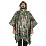 HACER Poncho Raincoat Hooded PU Rainwear Foldable Polyester Windbreaker Heavy Duty Military Unisex Jacket for Outdoor Hiking Camping Army Green