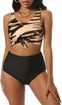 ZAFUL Women's Leopard Knotted High Waisted Two Pieces Tankini Swimsuit - - Medium