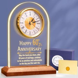OkiyiD 60th Anniversary Wedding Gift, Anniversary Quartz Clock, Desk Table Clock, 60 Years of Marriage, Golden Wedding for Couple, Parents, Grandparents (Wooden Base with LED Light)
