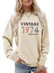 ESIKAH Vintage 1974 Original Parts Sweatshirt Funny Retro 50 Years Shirt Women Crewneck 1974 Pullover Tops 50th Birthday Gift, Beige, X-Large