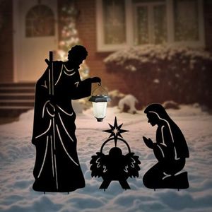 Hokfirm 3 Pack Metal Nativity Scene Garden Stakes with Solar Lantern for Outside Outdoor Silhouette Stakes Christmas Yard Ornaments