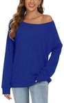 CHICALLURE Womens Long Sleeve Tops Off Shoulder Pullover Sweatshirt Solid Color Tunic Tops Sweater(Solid Blue, 2XL)