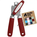 GORILLA GRIP Heavy Duty Stainless Steel Smooth Edge Manual Can Opener and Bottle Openers, Soft Comfortable Handle, Oversized Handheld Turn Knob, US Designed Multifunctional Kitchen Tool, Red