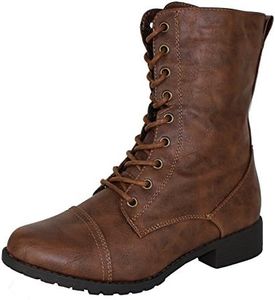 Forever Link Womens Mango Round Toe Military Lace up Knit Ankle Cuff Low Heel Combat Boots Brown 6.5 B(M) US