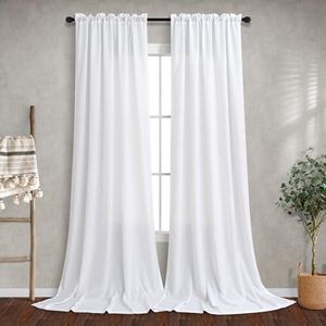 Pure White Farmhouse Curtains 108 Inches Long for Living Room 2 Panels Set Rod Pocket Tall Drapes Semi Sheer Linen Gourmet Simple Extra Long Curtain for High Ceiling Patio Door Bohemian Boho Chic 9 Ft