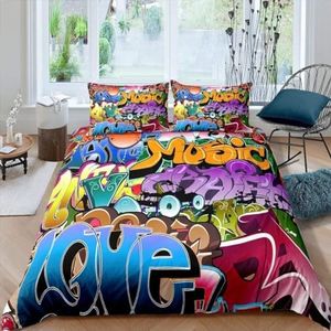 Loussiesd Graffiti Style Bedding Set Bambini Hip Hop Comforter Cover per Ragazzi Youth Illustrazione, Giovane Uomo Copripiumino Street Culture 3 Pz Doppio copriletto con cerniera