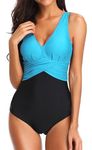 PANOZON Womens Swimsuit Tummy Control One Piece Swimwear Padded Push Up Ruched V Neck Swimming Costume Plus Size Beachwear Light Blue 2XL