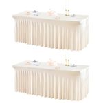 2 Packs Ivory Table Clothes for 6 Foot Rectangle Tables, One-Piece Wrinkle Resistant Stretch Spandex Table Covers with Skirt for Event Banquet Wedding Birthday Party