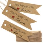 COLOFALLA 50pcs Handmade with Love Labels Gift Labels Handmade Labels Brown Gift Tags Brown Tags with Rope Kraft Paper for DIY Craft Making Gift Sending (A)