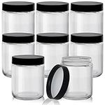 BELLE VOUS 8 Pack Clear Round Glass Storage Jars with Black Plastic Lids - 240ml/8oz Airtight Container Set for Kitchen & Home Decoration - Lotion, Food, Herb, Flour, Sugar, Coffee & Spice Canisters