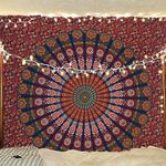 Bless International Indian hippie Bohemian Psychedelic Peacock Mandala Wall hanging Bedding Tapestry (Golden Red Green, Queen (84x90Inches)(215x230Cms))