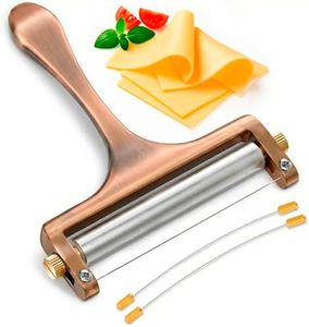 Stainless Steel Cheese Slicer for Block Cheese – Effortless Even Slices Every Time, Handheld Wire Slicer with Adjustable Thickness for Mozzarella, Cheddar, Gruyere, 2 Replacement Wires, Bronze Finish