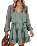 BTFBM Women Casual Spring Summer Dresses Tie V Neck Long Sleeve High Waist Ruffle Tiered A Line Swing Tunic Mini Dress(Dot Green, X-Large)