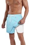 QRANSS Mens 2 in 1 Swim Trunks Compression Liner Workout Athletic Shorts Quick Dry 5''Swimwear Men Running Shorts with Phone Pocket(Turquoise Flamingo,X-Large)