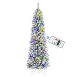 SHareconn 6ft Prelit Artificial Snow Flocked Pencil Christmas Tree with Remote & Timer, Premium Hinged Slim Tree with 240 Warm White & Multi-Color Lights, Perfect Choice for X-mas Decorations, 6 FT