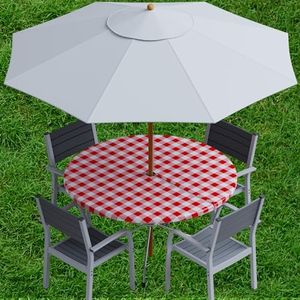 Sorfey Vinyl Umbrella Round Fitted Tablecloth Cover, Checkered Design, Flannel Backed Lining 42 Inch, Red