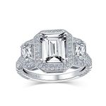 Personalize Estate Vintage Art Deco Style 3CT AAA CZ Halo Rectangle Emerald Cut Statement Engagement Ring For Women CZ Baguette Side Stones .925 Sterling Silver Customizable