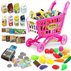 deAO Carrito de la Compra Infantil Incluye Variedad de 78 Productos de Mercado y Comestibles para Niños y Niñas (Rosa)
