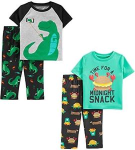 Simple Joys by Carter's Boys' 4-Piece Pajama Set (Short Sleeve Poly Top & Fleece Bottom), Grey/Green/Dinosaur/Fun Food, 5T