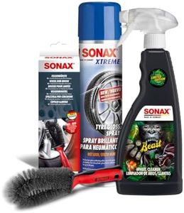 SONAX Wheel & Tyre Care Kit | Beast Wheel Cleaner 1ltr | XTREME Gloss Spray 400ml | Rim Cleaning Brush | Black Shiner | Tire Shining | Alloy Cleaning Spray | Foam Washing