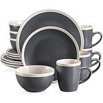 vancasso SEESAMI Stoneware Dinner Set- Matte Sesame Glaze Crockery - 16 Pieces Dinnerware Tableware Service Set for 4, Include Dinner Plate, Dessert Plate, Cereal Bowl and Mug. Dark Grey