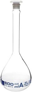 EISCO Volumetric Flask, 500ml - ASTM, Class A - Tolerance ±0.20ml - Interchangeable, Size 19 Polypropylene Stopper - Single, White Graduation - Borosilicate Glass