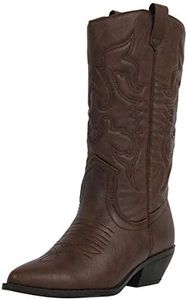 Cowboy Western Leatherette Stitch Detail Mid-Calf High Cowgirl Boots Dark Tan