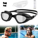 Vgooar Swimming Goggles, Adult Anti Fog UV Protection No Leaking 180 Degree Vision Swimming Goggles with Replaceable Nose Bridge and Adjustable Strap for Men, Women (All Black/Silver Mirrored Lens)