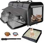 Large Cat Carrier,Cat Travel Carrier with Litter Box,Double Cat Carrier for 2 Cats and Medium Dog,Portable 2-in-1 Dog Compartment Travel Crate House with Foldable Bowl/Mats/Tent Stakes