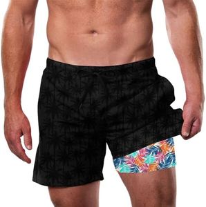 Cozople Men's Bathing Suit with Compression Liner Swim Trunks 2 in 1 Lightweight Swimming Shorts Plam Tree Hawaii Style Board Shorts with Phone Pocket 2XL