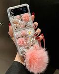 Aulzaju for Samsung Galaxy Z Flip 4 Case,Samsung Flip 4 Case Cute Bling Diamond Girly Design,Galaxy Flip 4 Case 3D Handmade Pearl Rose Flower with Wrist Lanyard,Flip 4 Phone Case for Women Girls Pink