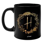 FirseBUY Design Letters Personal Ceramic Cup Black (H) - Alphabet Floral Coffee Cup/Letter Mug, Decorative Mug, Gift for Women, Men, Friends and Family 11 oz