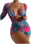 OYOANGLE Women's 3 Piece Swimsuit Floral Print Halter Bikini Set Bathing Suit with Beach Cover Ups Green and Pink