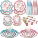 FillTouch 200 Pcs Floral Paper Tea Cups and Saucers Set, Severs 50 Disposable Tea Party Supplies 9 Inch Paper Plate, Saucer, Napkin, 9 oz Paper Tea Cups with Handle for Tea Party Decorations