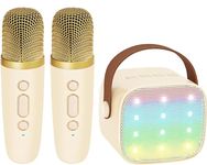 YLL Mini Karaoke Machine with 2 Wireless Microphones for Kids Adults, 18 Pre-Loaded Songs, Portable Bluetooth Speaker Gift for Girls Toys 4, 5, 6, 7, 8, 10, 12+ Years Old Teens Birthday(Beige)