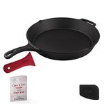 Cast Iron Skillet + Pan Scraper - 15"-Inch Pre-Seasoned Frying Pan + Heat-Resistant Silicone Handle Grip - Oven-Safe Kitchen Cookware - Indoor/Outdoor Use - Camping, Grilling, BBQ, Open Fire Safe